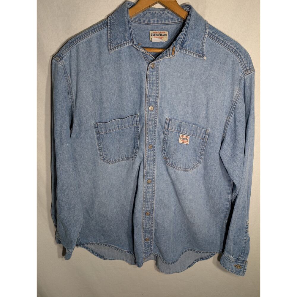 Vintage Guess Jeans Mens Blue Denim Snap Button Shirt Sz S 163F8 Western Flaw
